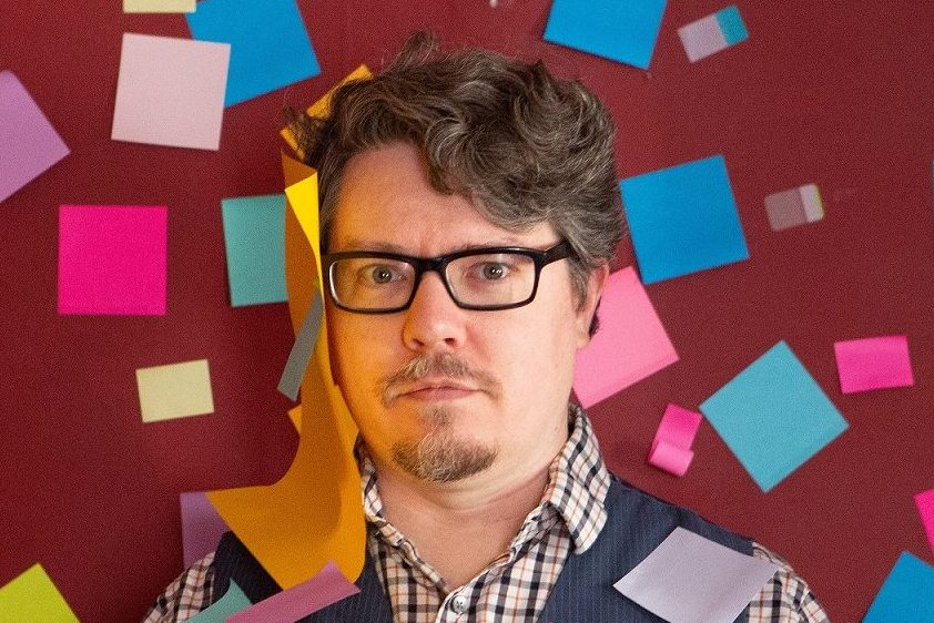 Writer Jeremy Gable, covered in Post-It notes